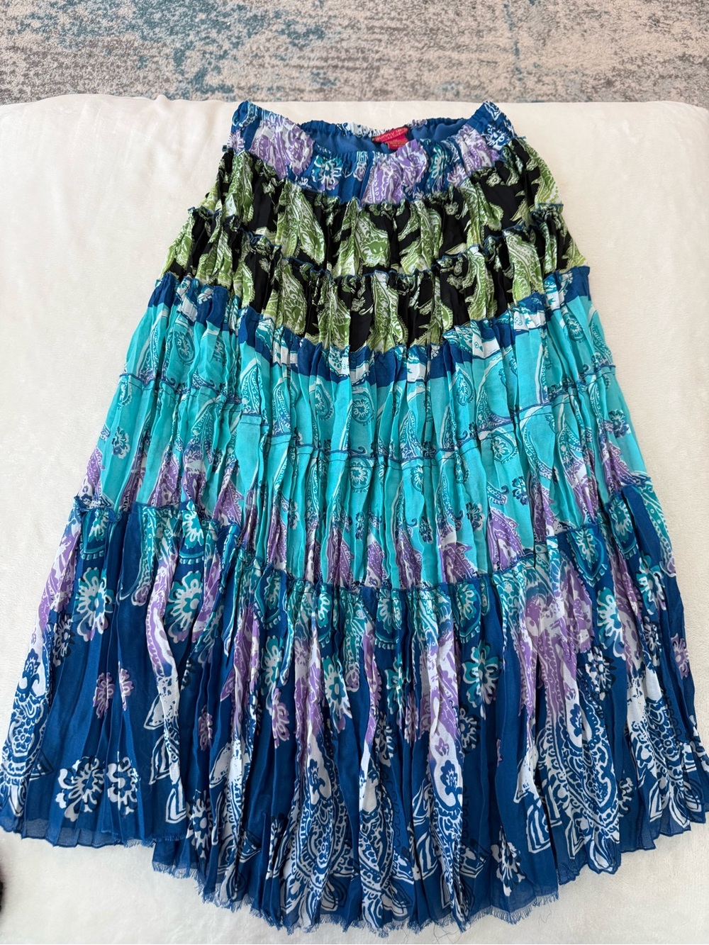 Sunny Leigh Boho Tiered Paisley Midi Skirt - Teal, Blue & Purple Medium Petite
